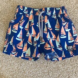 Tom & Teddy Navy Sailboat Print Boys Swim Shorts with Peach and Aqua Accents